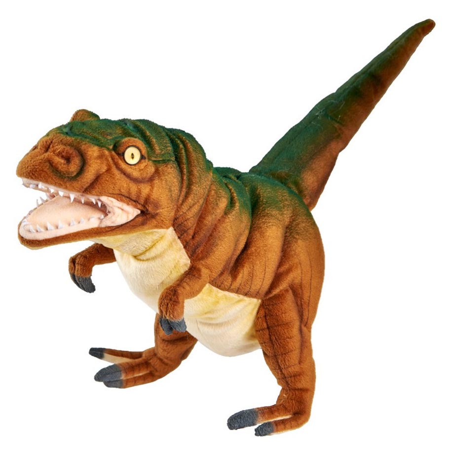T-Rex hand puppet by Hansa Creation in brown-green with an open mouth and white teeth