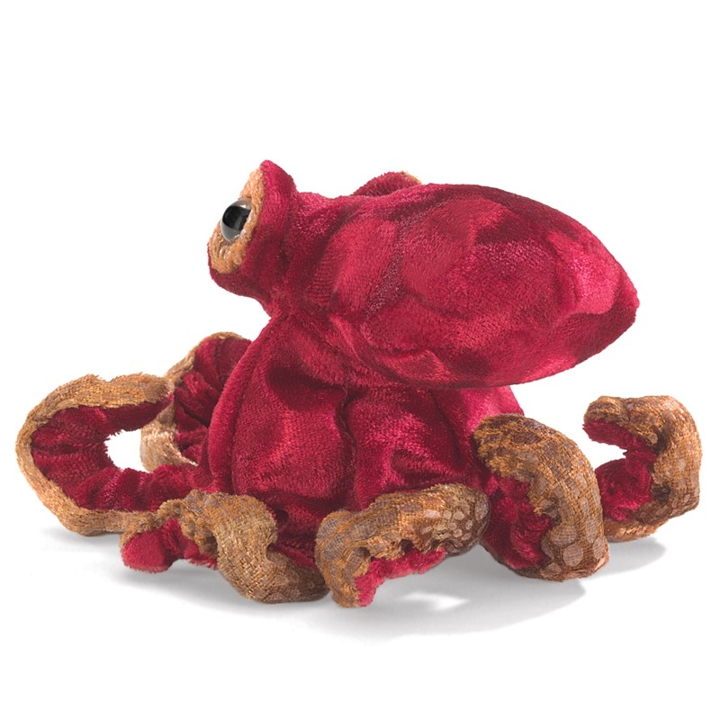 Folkmanis mini octopus finger puppet in dark red with brown tentacles, angled rear view