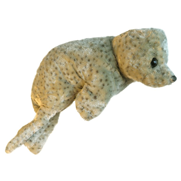 Folkmanis harbor seal baby hand puppet in beige-grey plush with dark spots and a black eye, side view