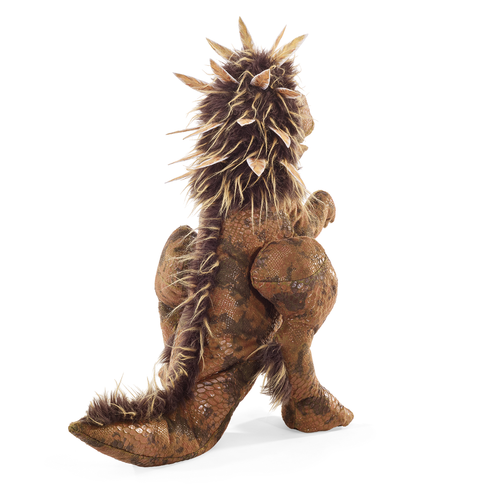 Folkmanis feathered Tyrannosaurus Rex hand puppet seen from behind, feathers and spikes running along its back and tail.