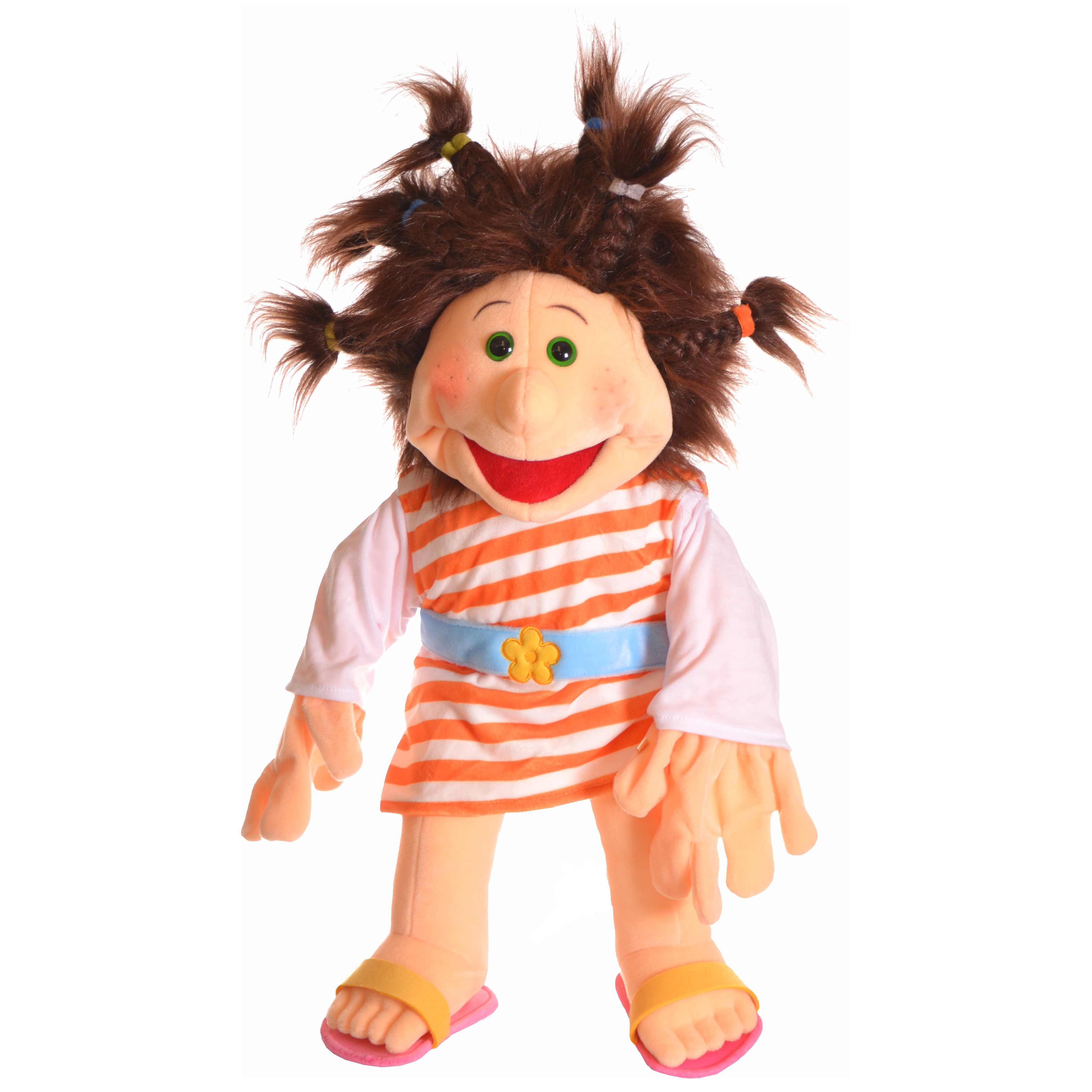 Living Puppets hand puppet Klärchen Backhaus with brown pigtails, orange and white striped dress with a light blue belt and sandals