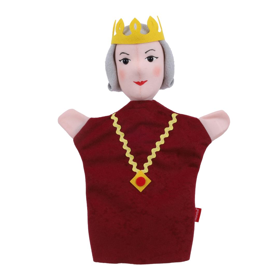 Queen hand puppet by munabo, front view in a dark red gown with yellow zigzag trim and a red pendant necklace.