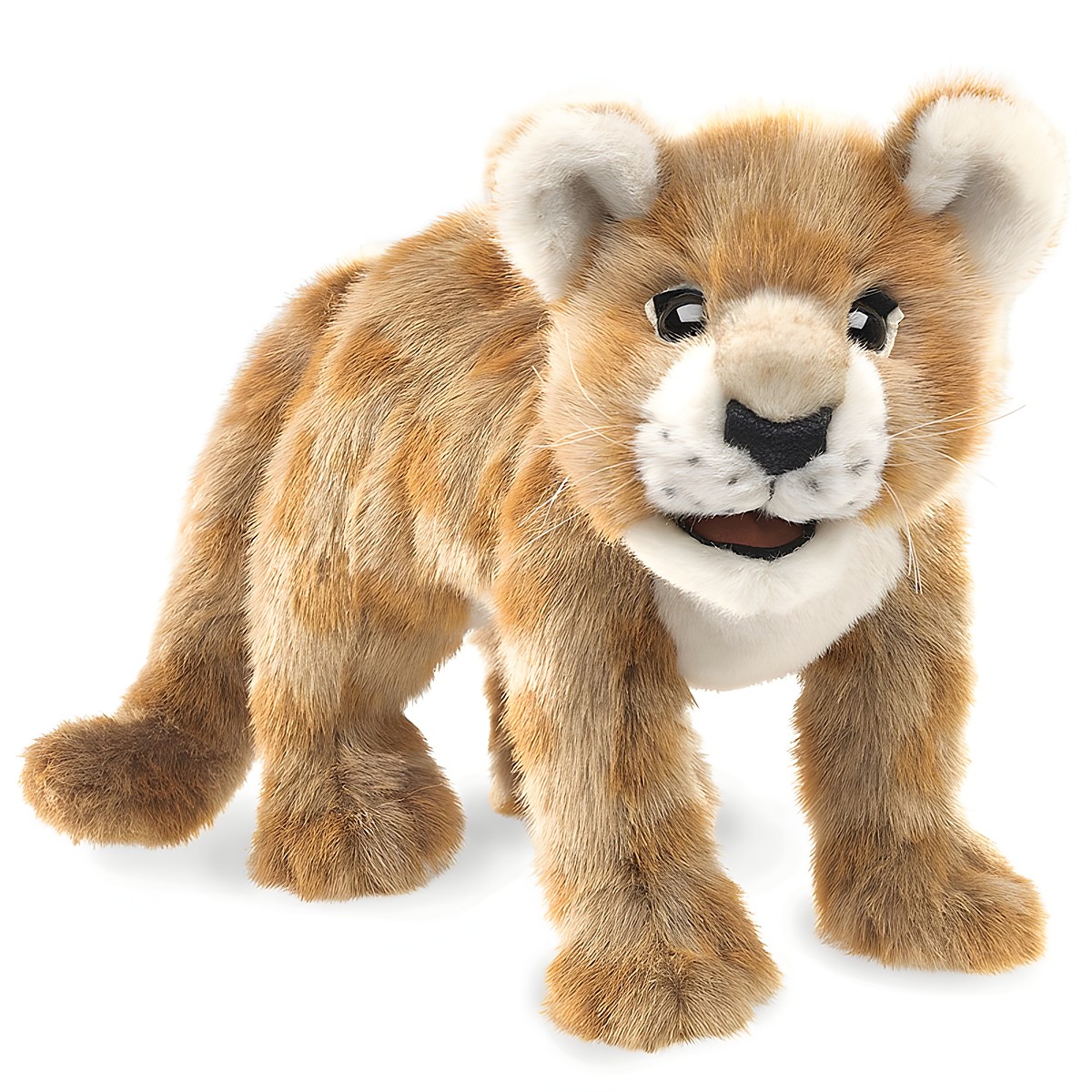 Folkmanis African Lion Cub hand puppet in golden-brown plush, standing, with a cream-coloured face and movable mouth, angled view