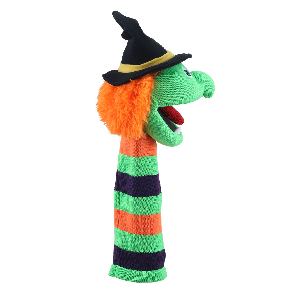 Puppet Company Witch Wilma monster sock puppet in profile facing right, open mouth with red tongue and the hat tip bent backwards