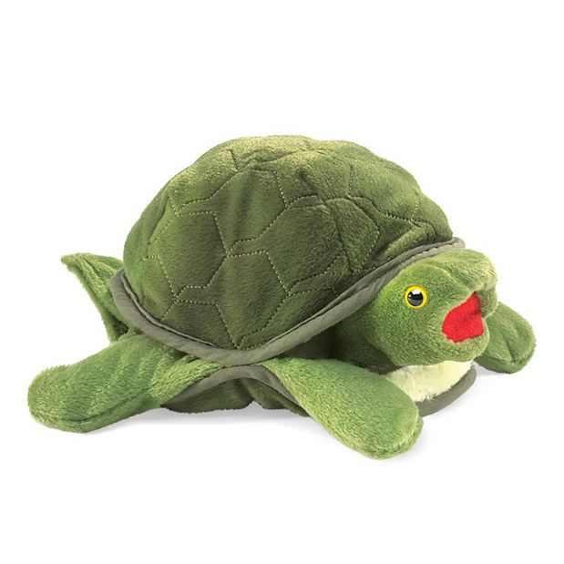 Folkmanis baby turtle hand puppet in green with quilted shell and red mouth, side view