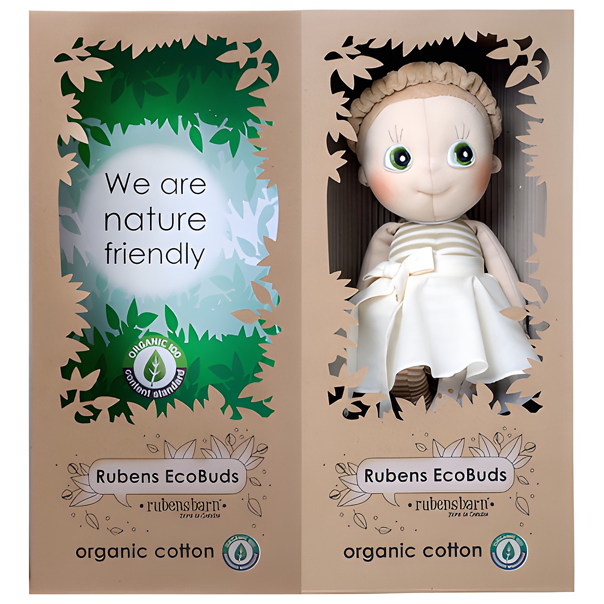 Packaging of the Rubens EcoBuds doll Hazel made of organic cotton in natural cardboard