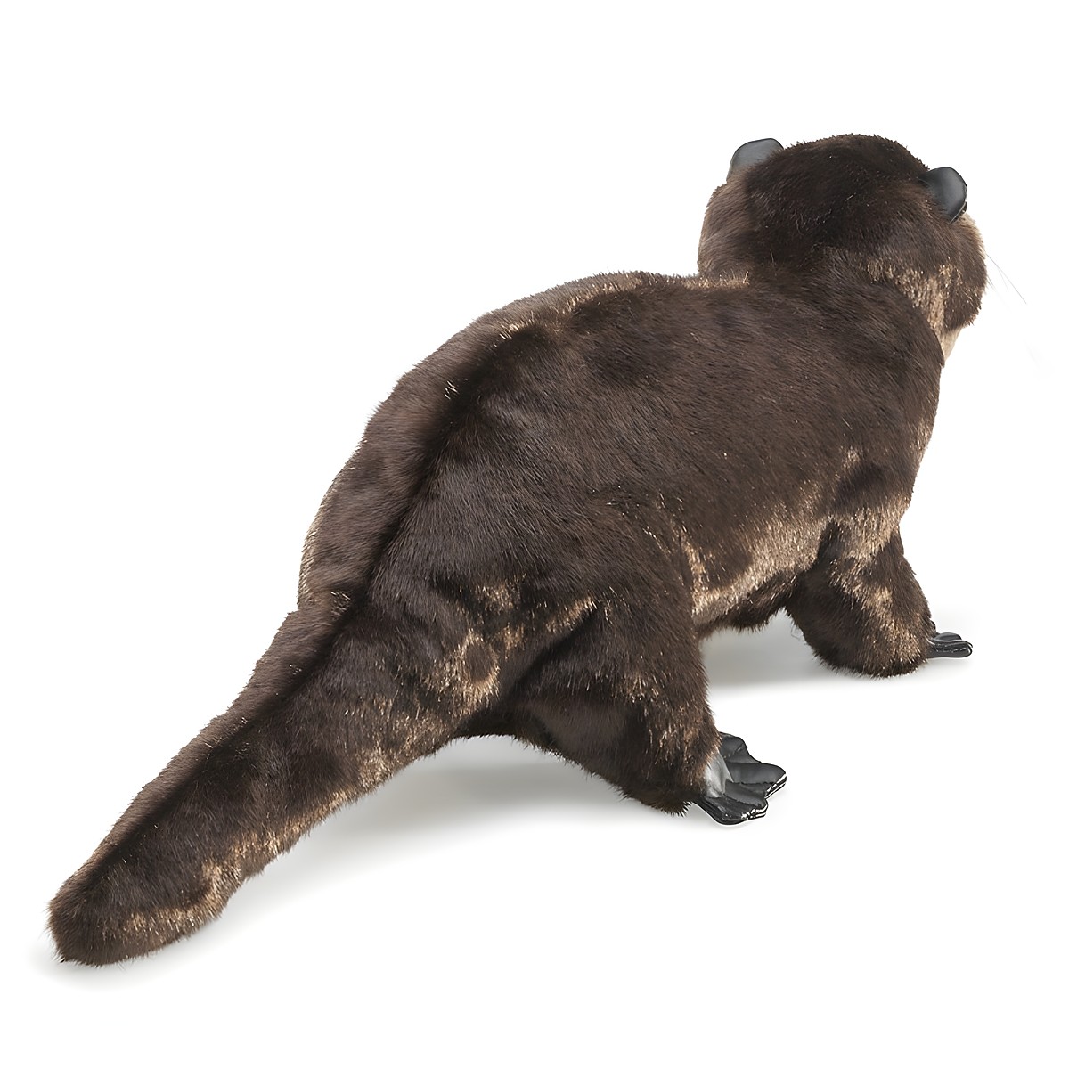 Folkmanis river otter hand puppet in dark brown plush, standing at an angle seen from behind with a characteristic tail and black paws