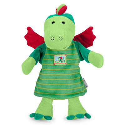 Sterntaler baby hand puppet dragon, green body with red wings and a green-and-yellow striped dress