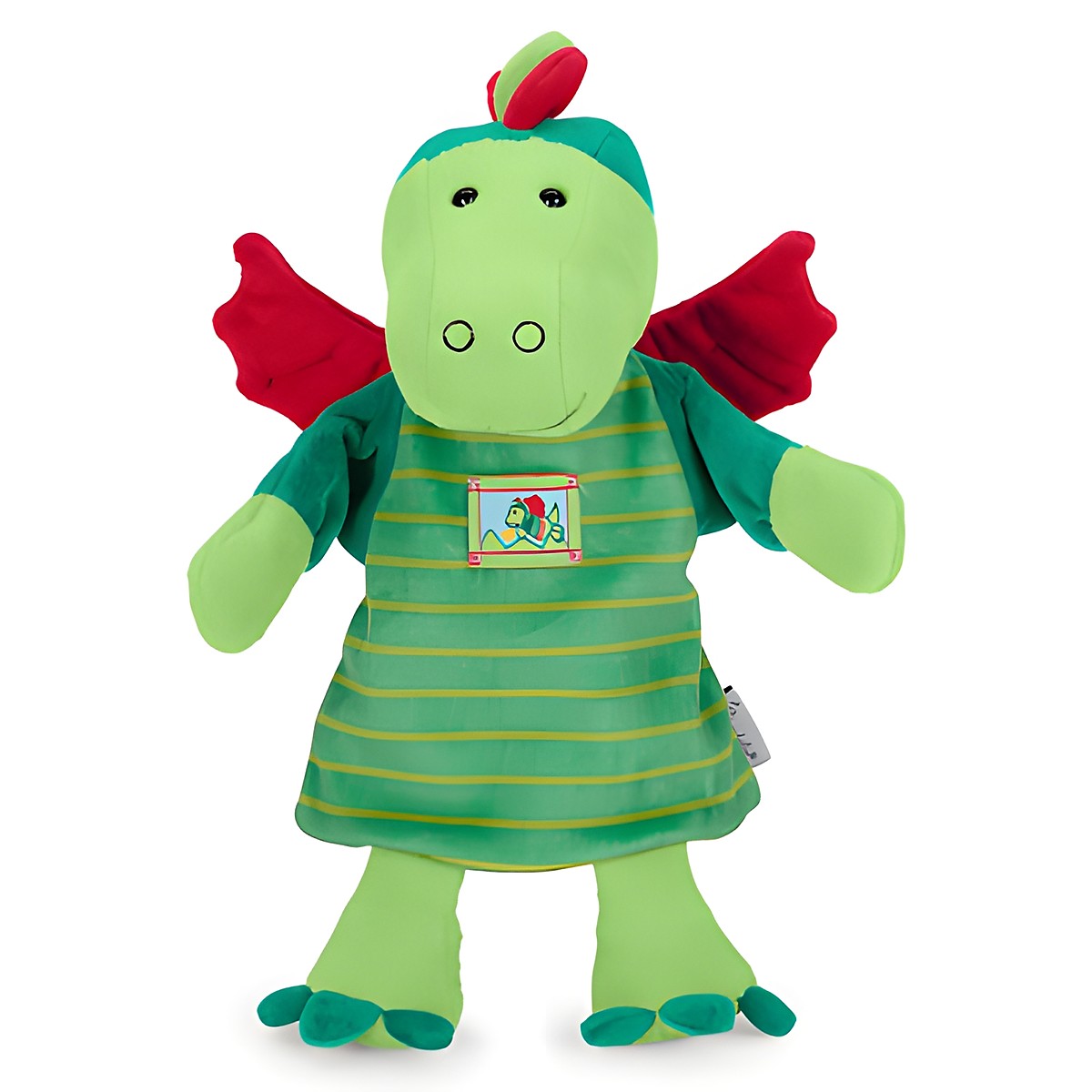 Sterntaler baby hand puppet dragon, green body with red wings and a green-and-yellow striped dress