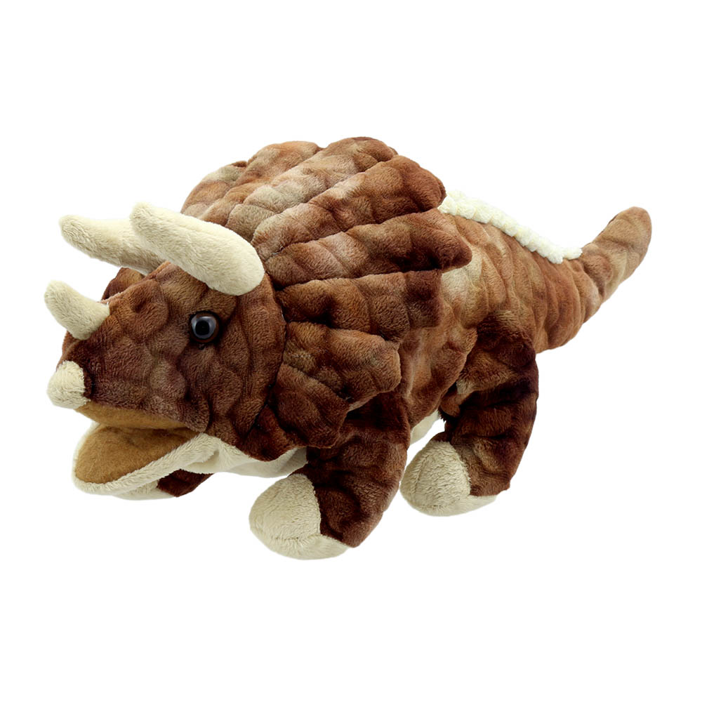 The Puppet Company Baby Triceratops dinosaur hand puppet, brown puppet with three horns and a neck frill
