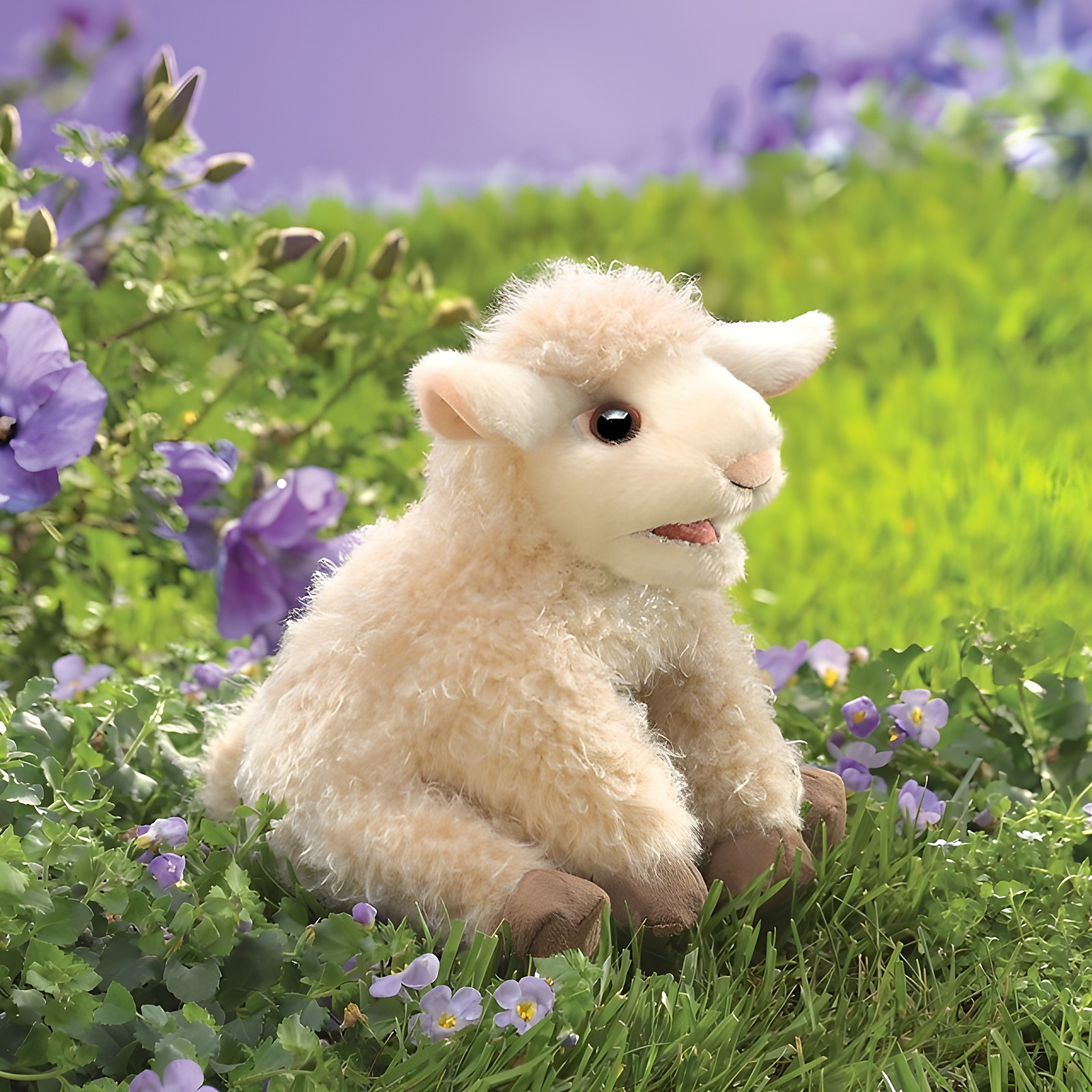 Folkmanis hand puppet small lamb with cream curly plush and brown hooves, sitting on a flower meadow