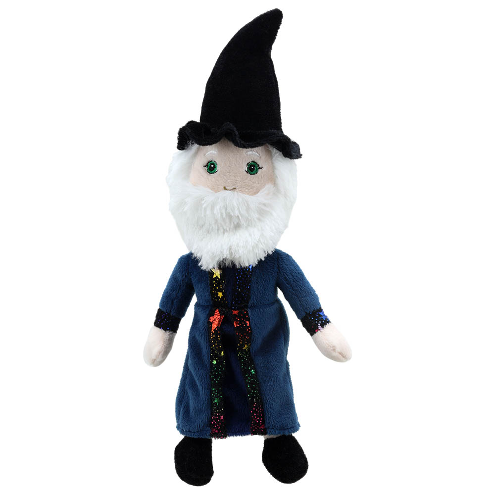 The Puppet Company finger puppet wizard, figure with a black pointed hat, white beard and dark blue robe with a gold star
