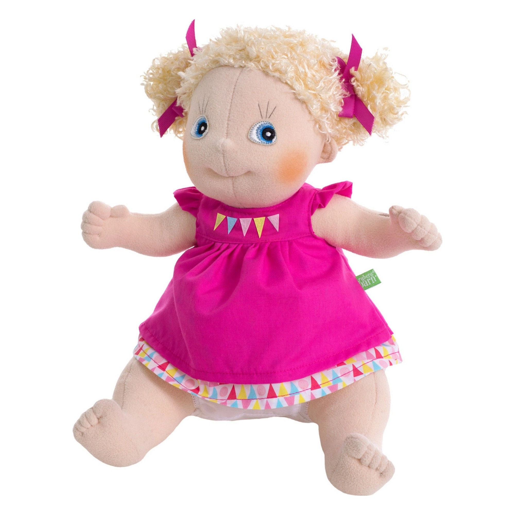 Rubens Kids doll Linnea with blond curls and a pink dress with bunting embroidery