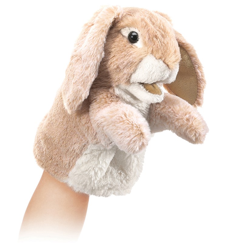 Folkmanis small lop-eared rabbit hand puppet in beige on a hand, with long floppy ears and movable mouth, side view