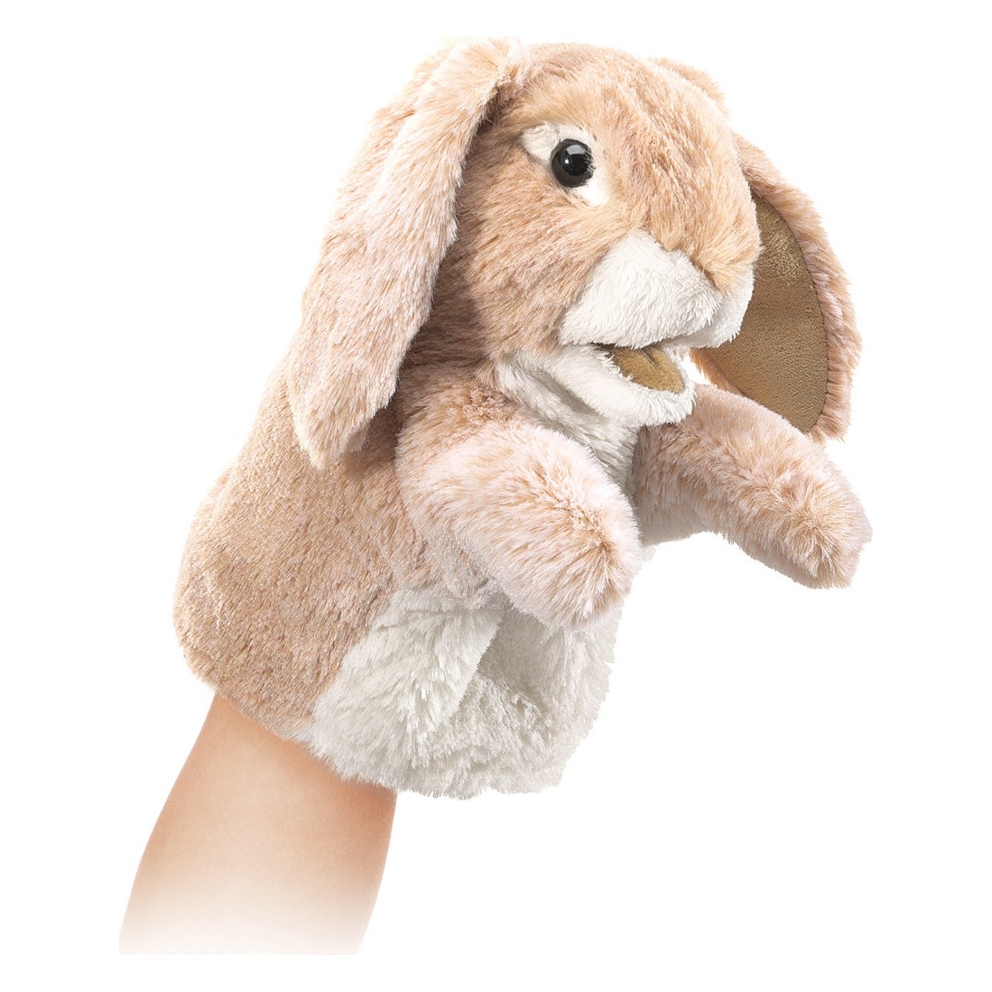Folkmanis small lop-eared rabbit hand puppet in beige on a hand, with long floppy ears and movable mouth, side view
