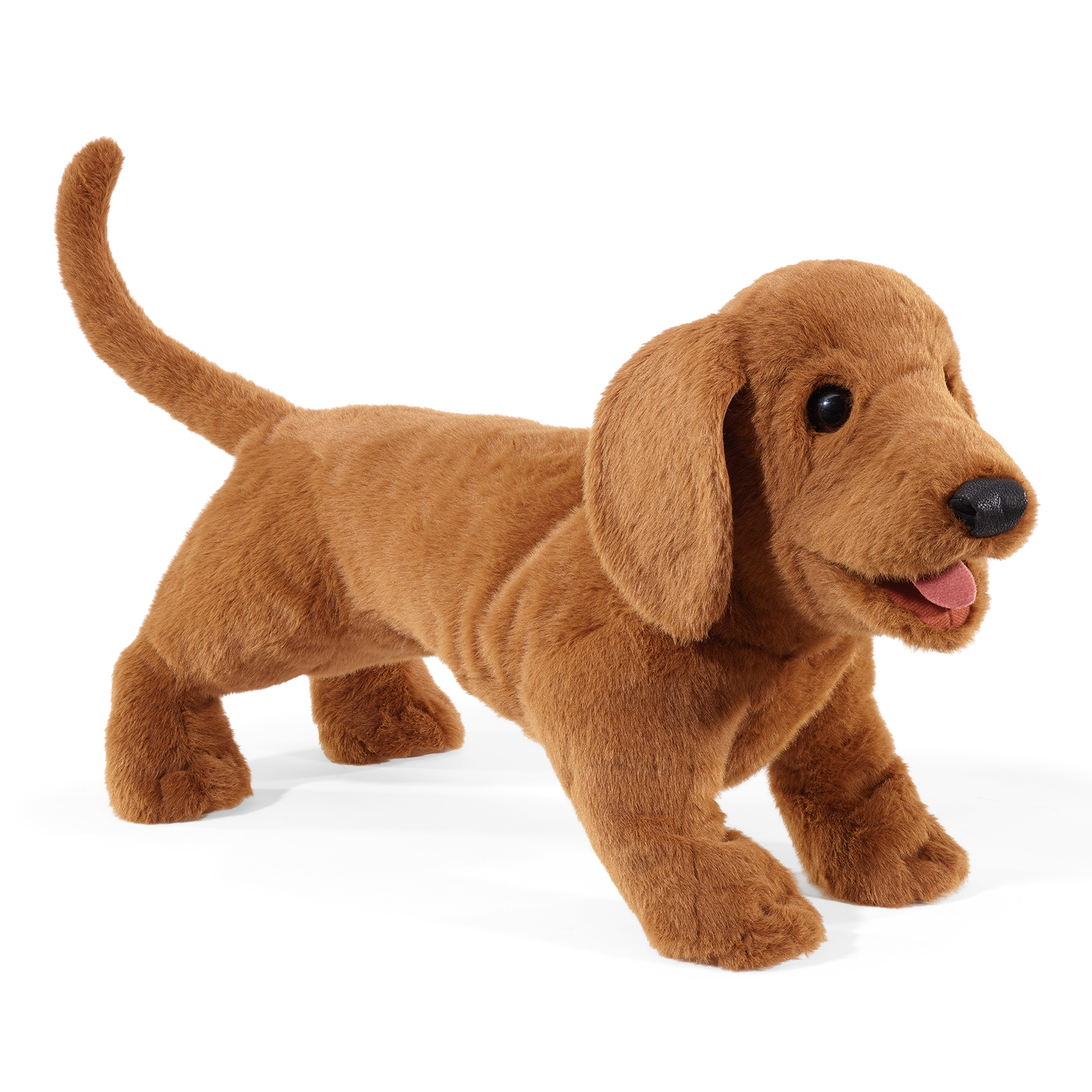 Folkmanis dachshund hand puppet, standing in a front view with reddish-brown fur, its tail up and mouth open showing the tongue.