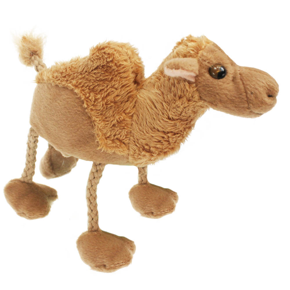 The Puppet Company finger puppet camel, beige camel with a hump and long fabric legs, side view