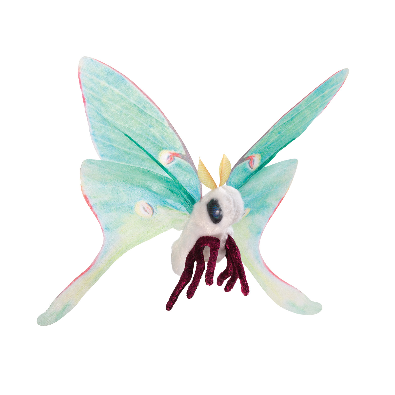 Folkmanis mini luna moth finger puppet with mint-green wings, white body and dark-red legs, front view