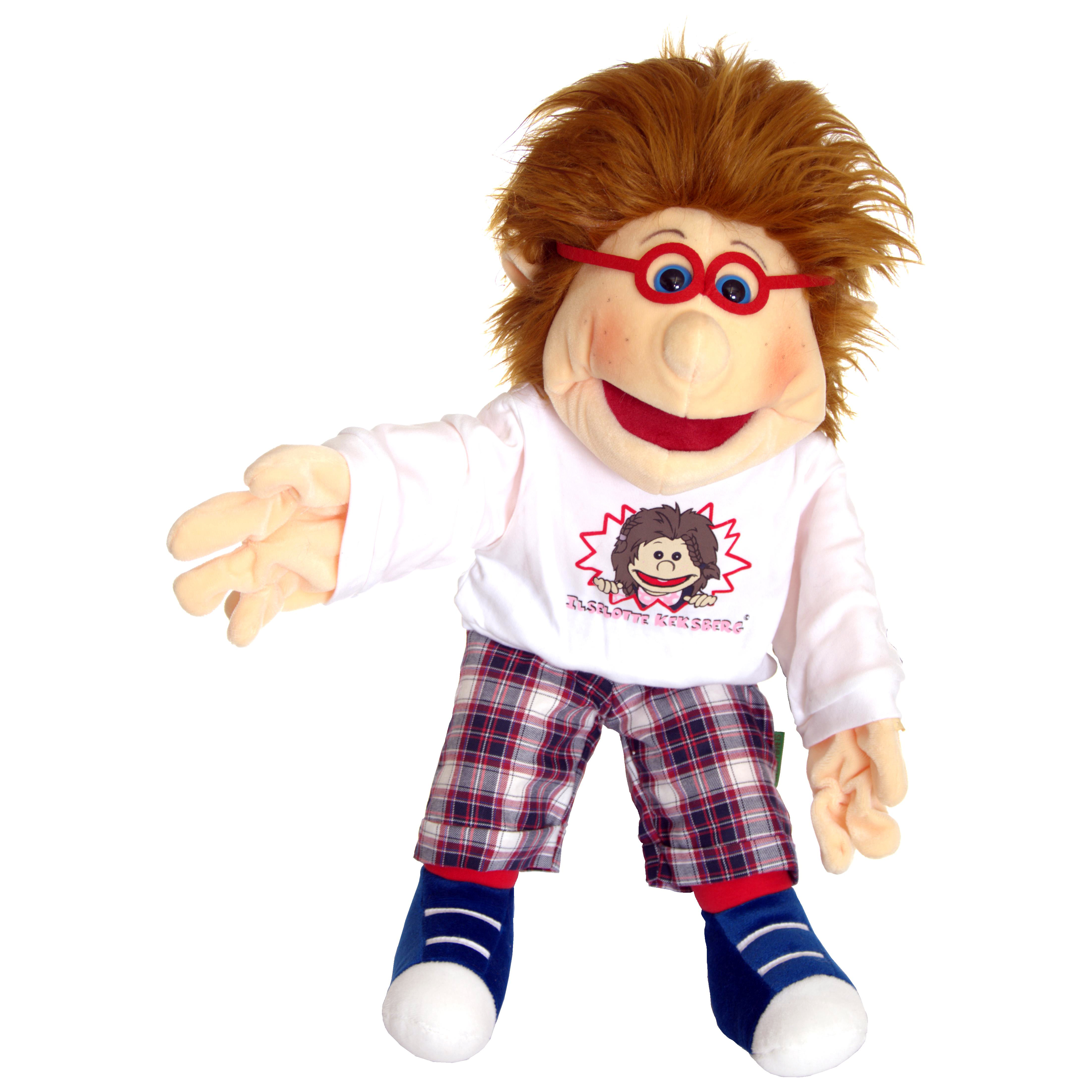 Living Puppets hand puppet Little Peterchen with round red glasses, tousled hair, white shirt with a hedgehog motif and plaid trousers