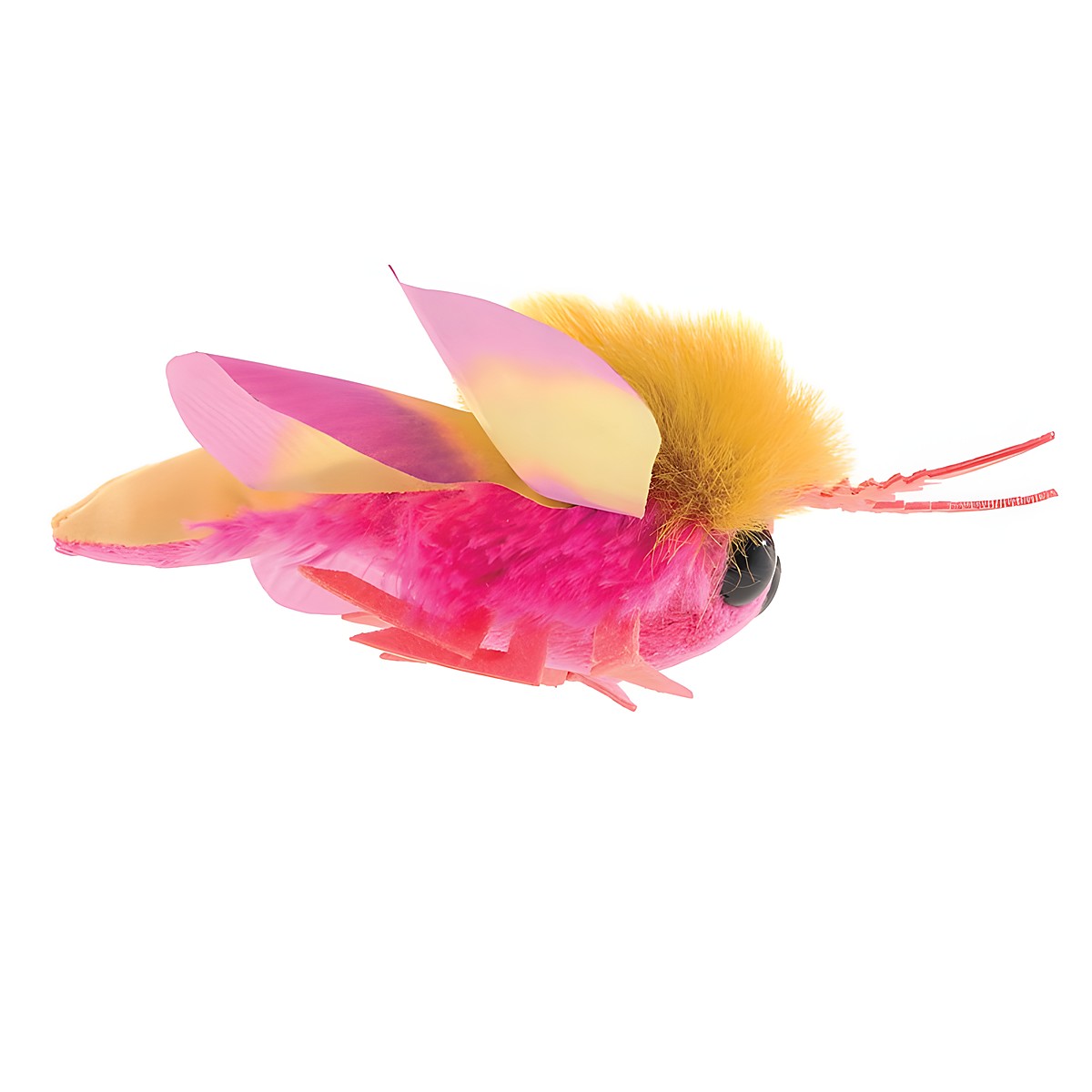 Folkmanis mini Rosy Maple Moth finger puppet in hot pink with a yellow furry head and semi-transparent wings, side view