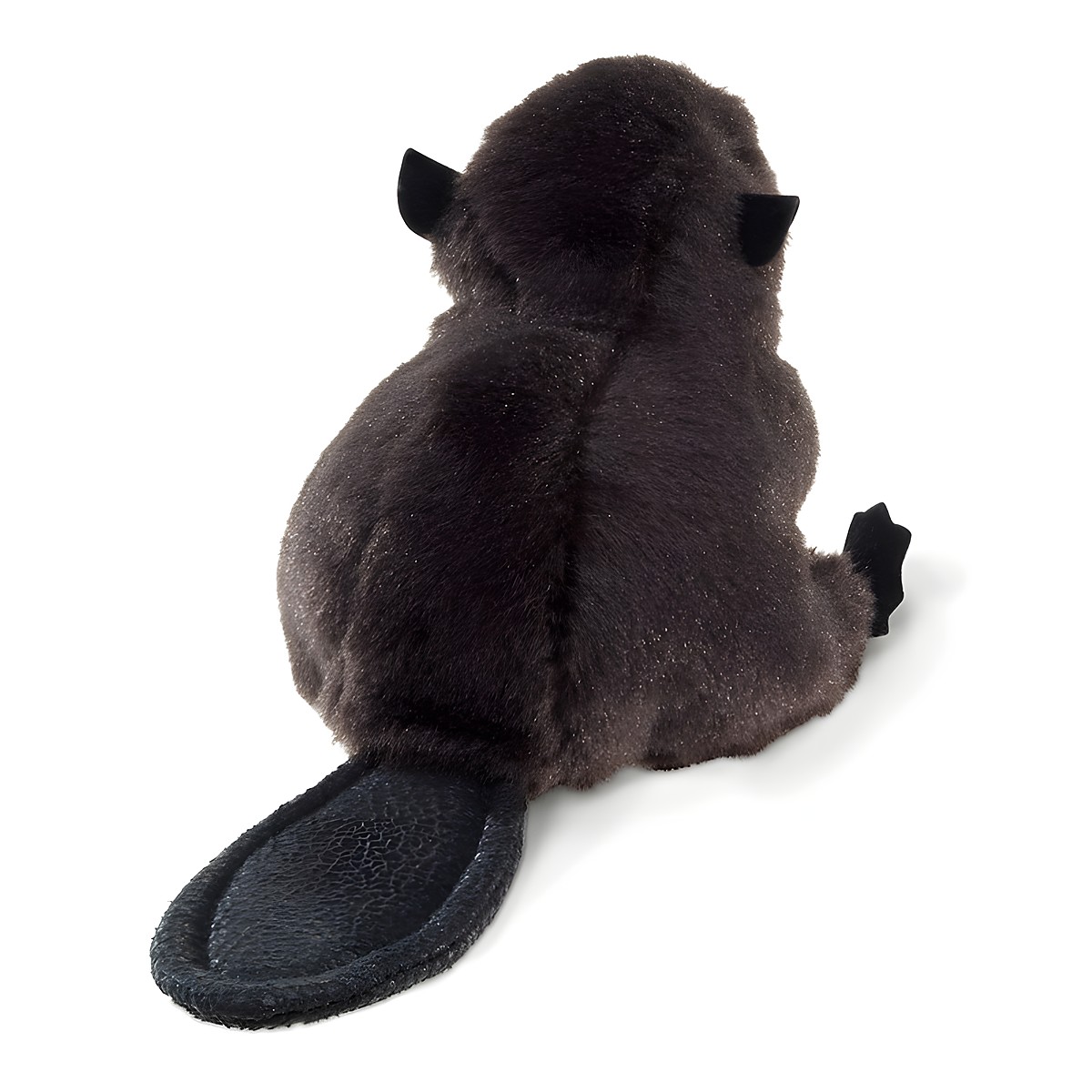 Folkmanis mini beaver finger puppet in dark brown, rear view showing the characteristic flat beaver tail made of faux leather