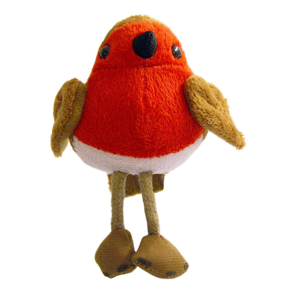 The Puppet Company garden bird finger puppet robin, bird with an orange-red chest, white belly and long fabric legs