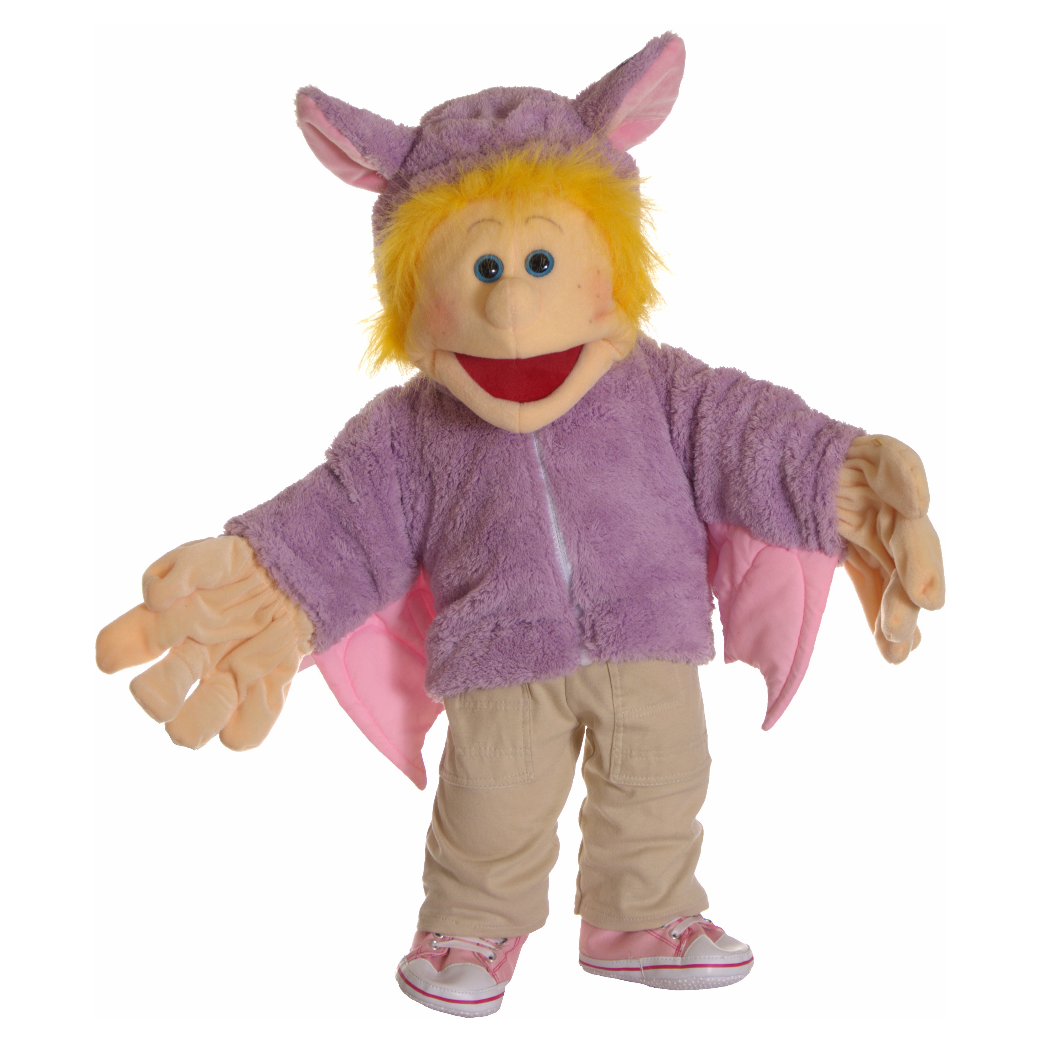 Bat jacket for Living Puppets hand puppets (65 cm) in lilac with eared hood and pink wings