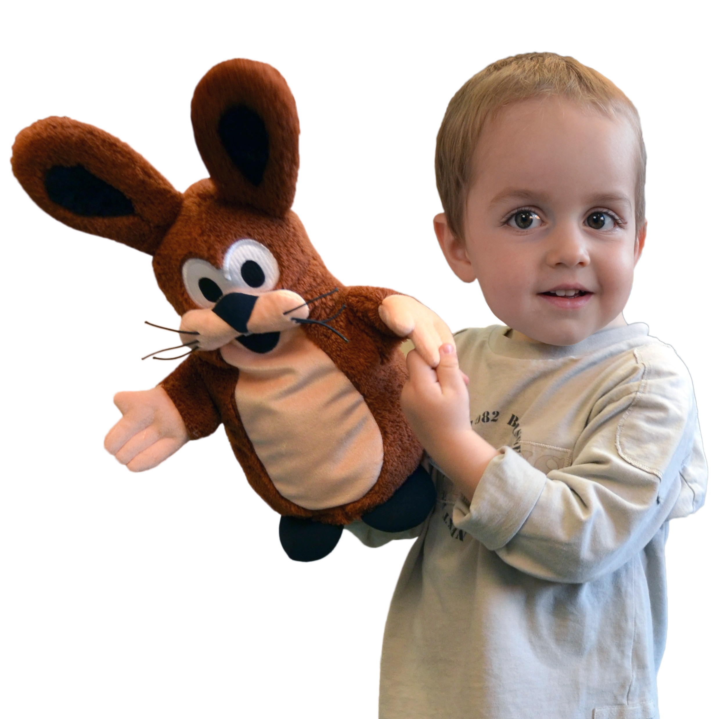 Child playing with the Punch and Judy puppet hare from the Little Mole series by munabo