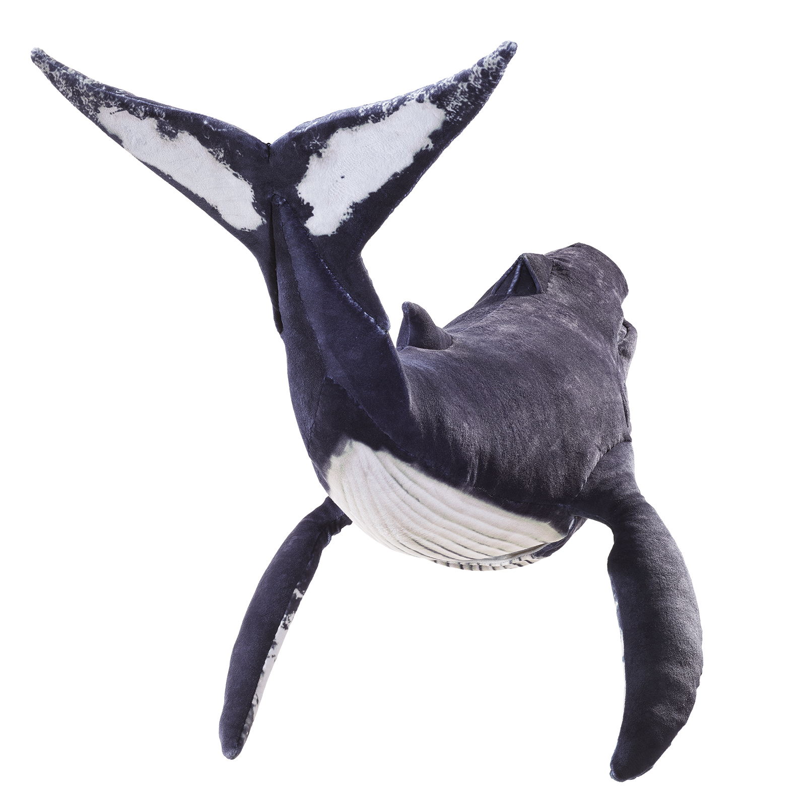 Folkmanis humpback whale hand puppet in dark blue and white, bottom view with spread pectoral fins and raised tail fluke