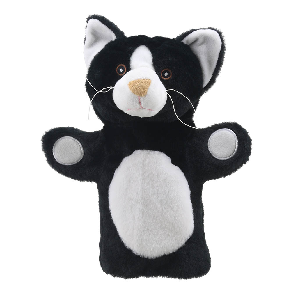 The Puppet Company baby hand puppet cat, black puppet with a white chest and grey paws, front view