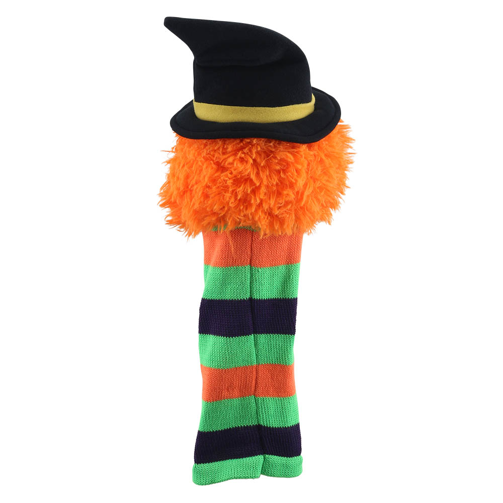 Puppet Company Witch Wilma monster sock puppet from behind, black pointed hat with yellow band above orange fringed hair and the striped knitted body