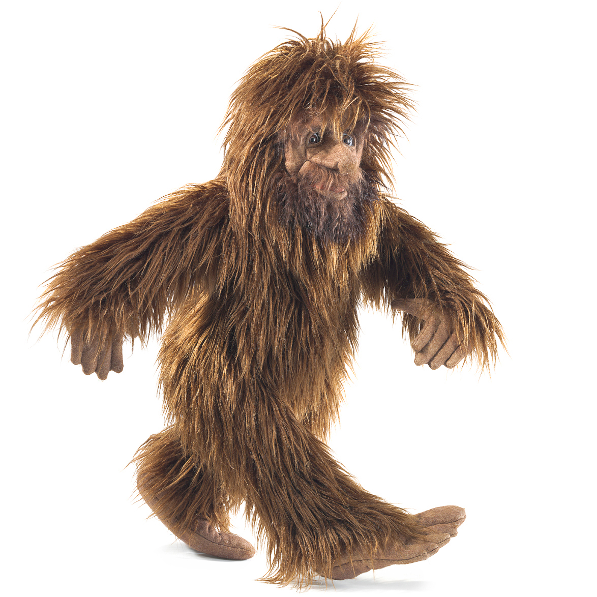 Folkmanis hand puppet Bigfoot with shaggy brown long-haired fur, distinctive large feet and outstretched arms, front view