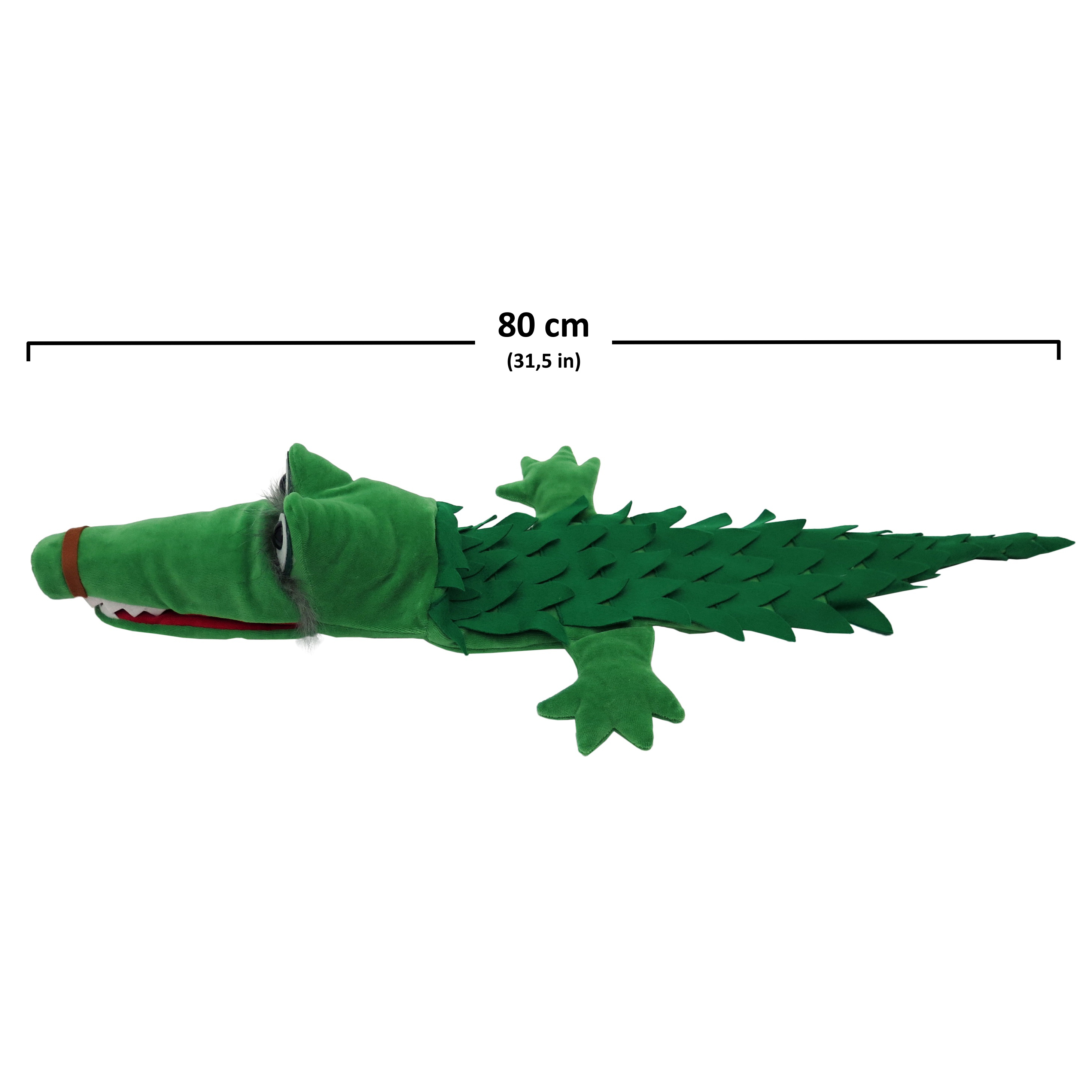 Punch and Judy puppet dragon Dagobert by munabo: 80 cm long green dragon with spiked back, image with size chart