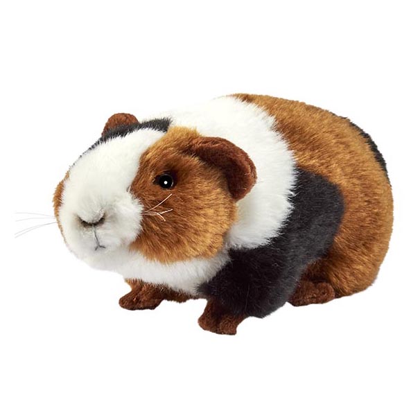 Guinea pig plush toy by Anima with brown, black and white fur and a white blaze, standing sideways