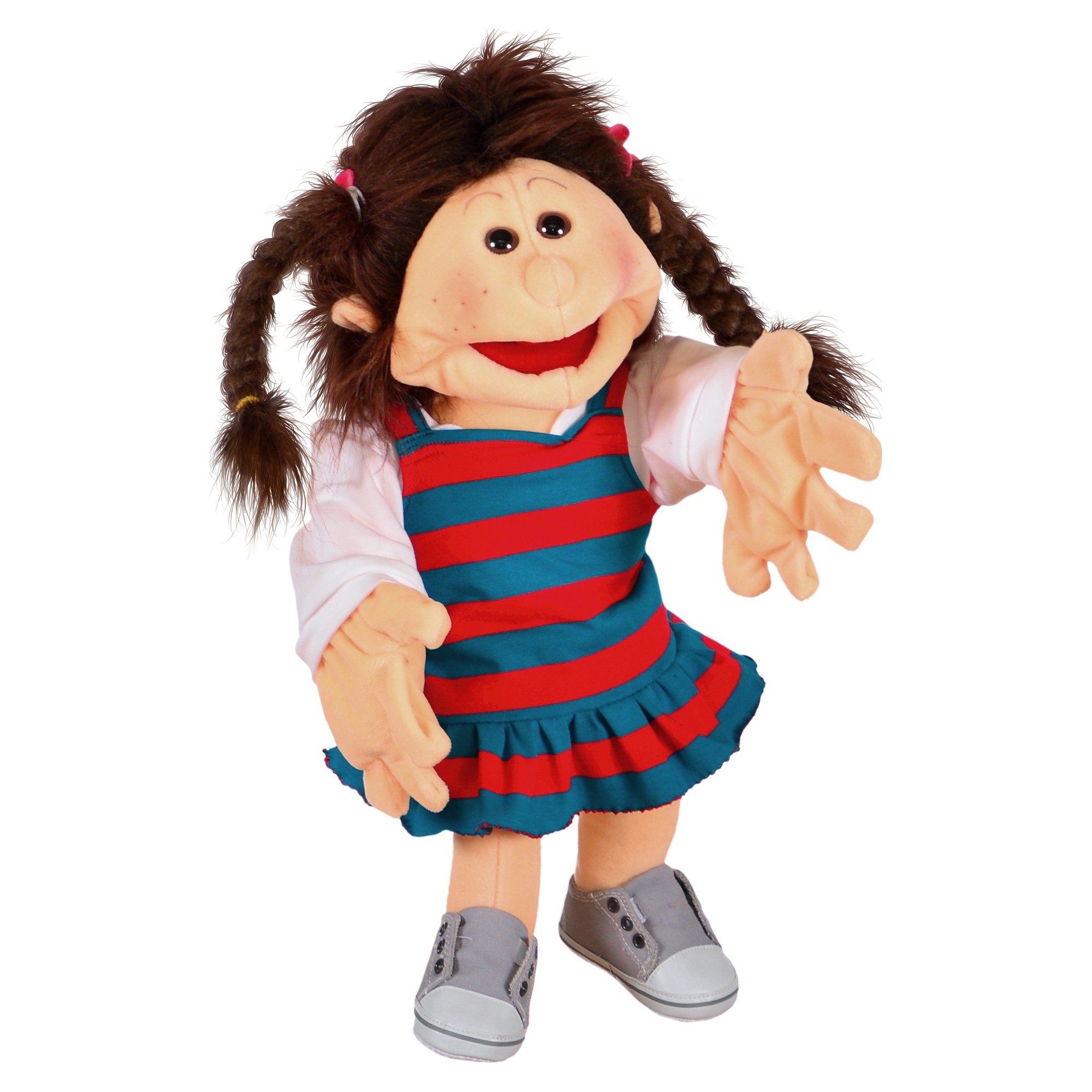 Living Puppets hand puppet Lischa with brown plaited pigtails, blue and red striped dress and grey trainers, arms spread wide