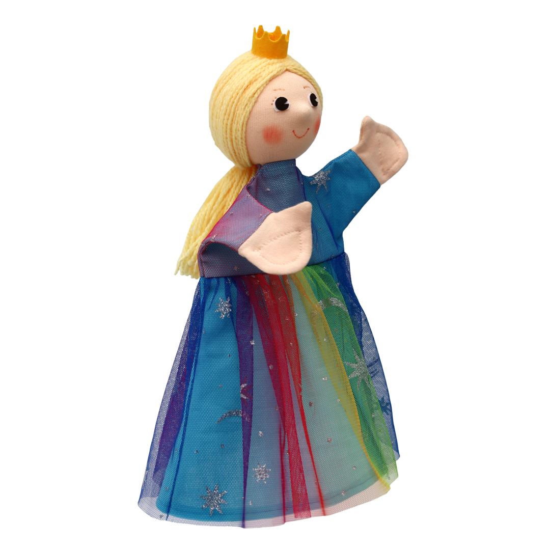 Punch and Judy puppet rainbow princess by munabo with a golden crown, blond hair and rainbow tulle dress