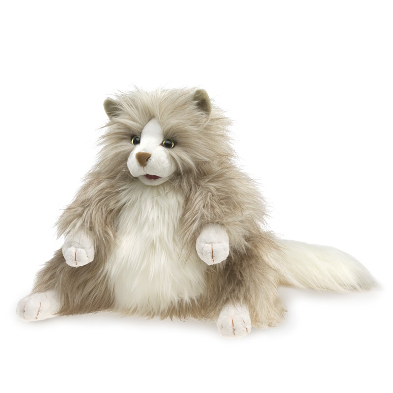 Folkmanis fluffy cat hand puppet with grey-white long fur, yellow eyes and a bushy tail, seated in side view
