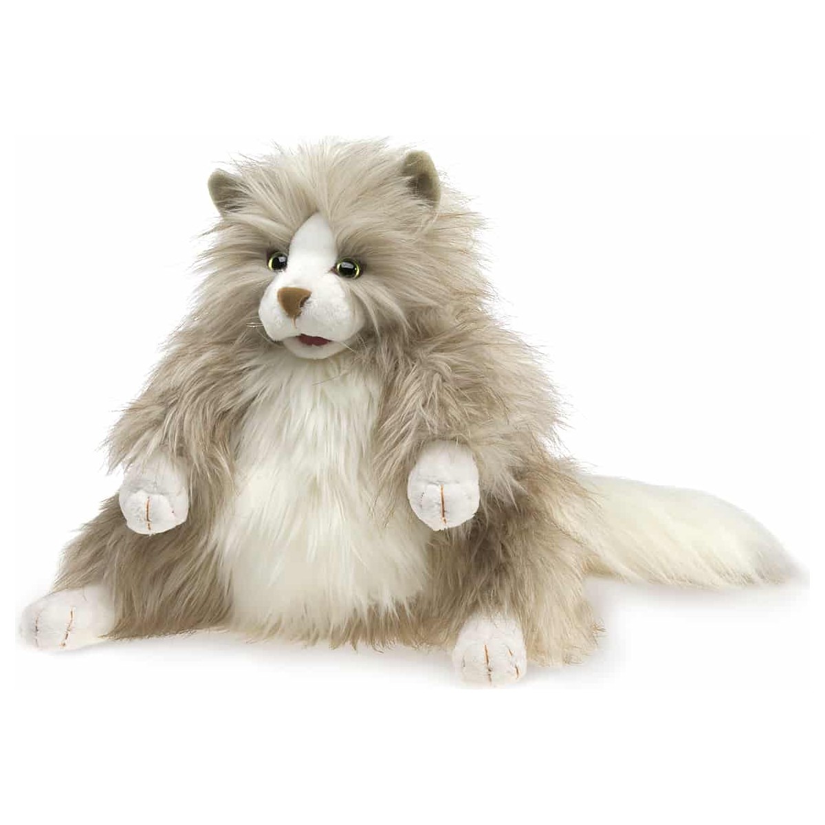 Folkmanis fluffy cat hand puppet with grey-white long fur, yellow eyes and a bushy tail, seated in side view