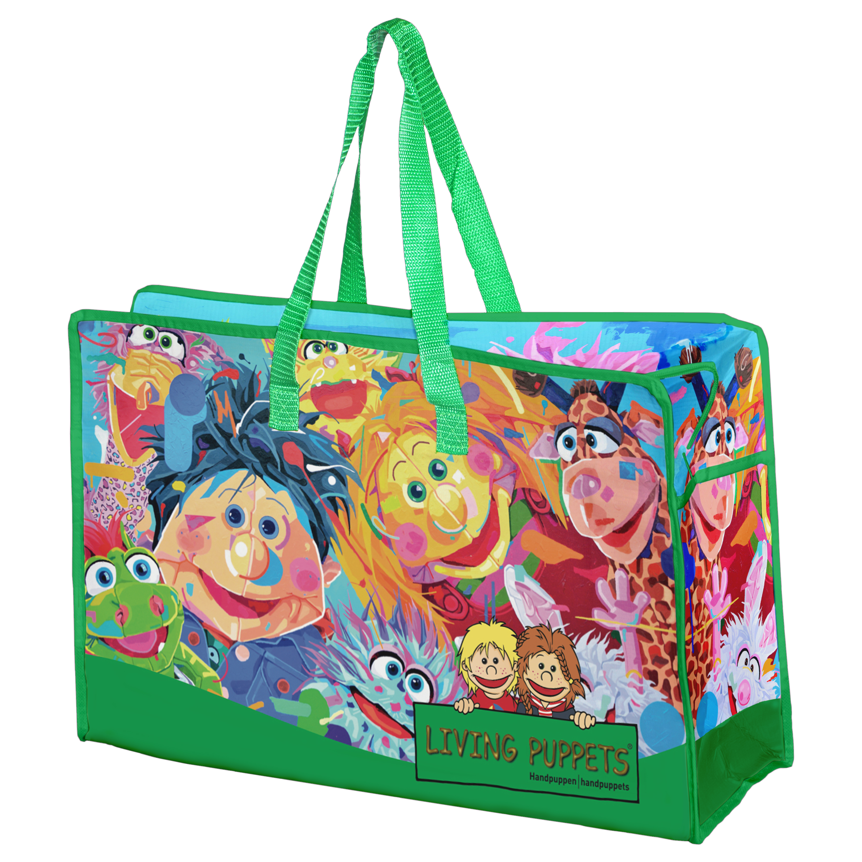 Living Puppets carrier bag with green handles, printed with colourful shaggy monster hand puppets and logo, front
