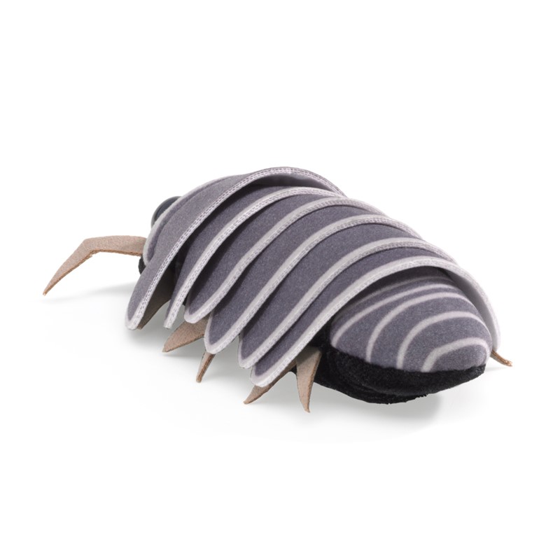 Folkmanis mini roly poly finger puppet in grey with a segmented back shell and light stripes, shown at an angle