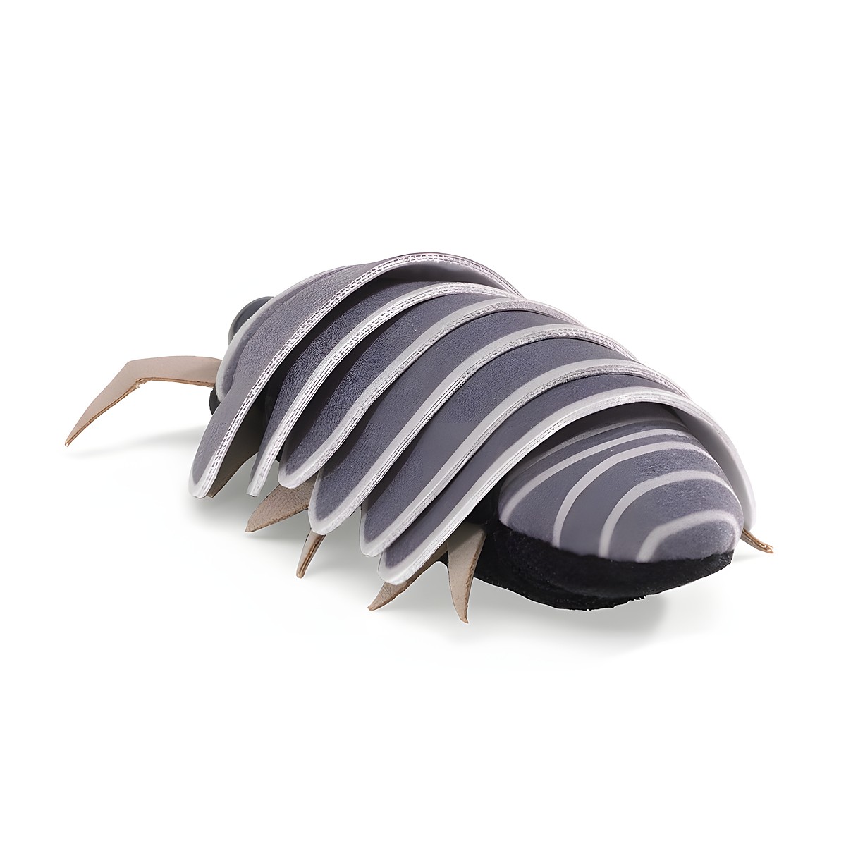 Folkmanis mini roly poly finger puppet in grey with a segmented back shell and light stripes, shown at an angle