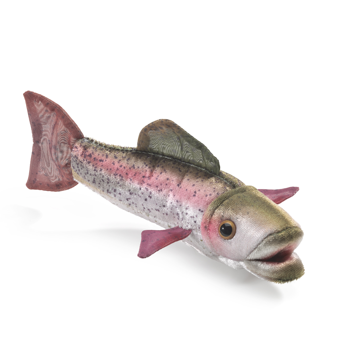 Folkmanis finger puppet rainbow trout with silvery-pink scales, dark spots, transparent tail fin and open mouth, side view