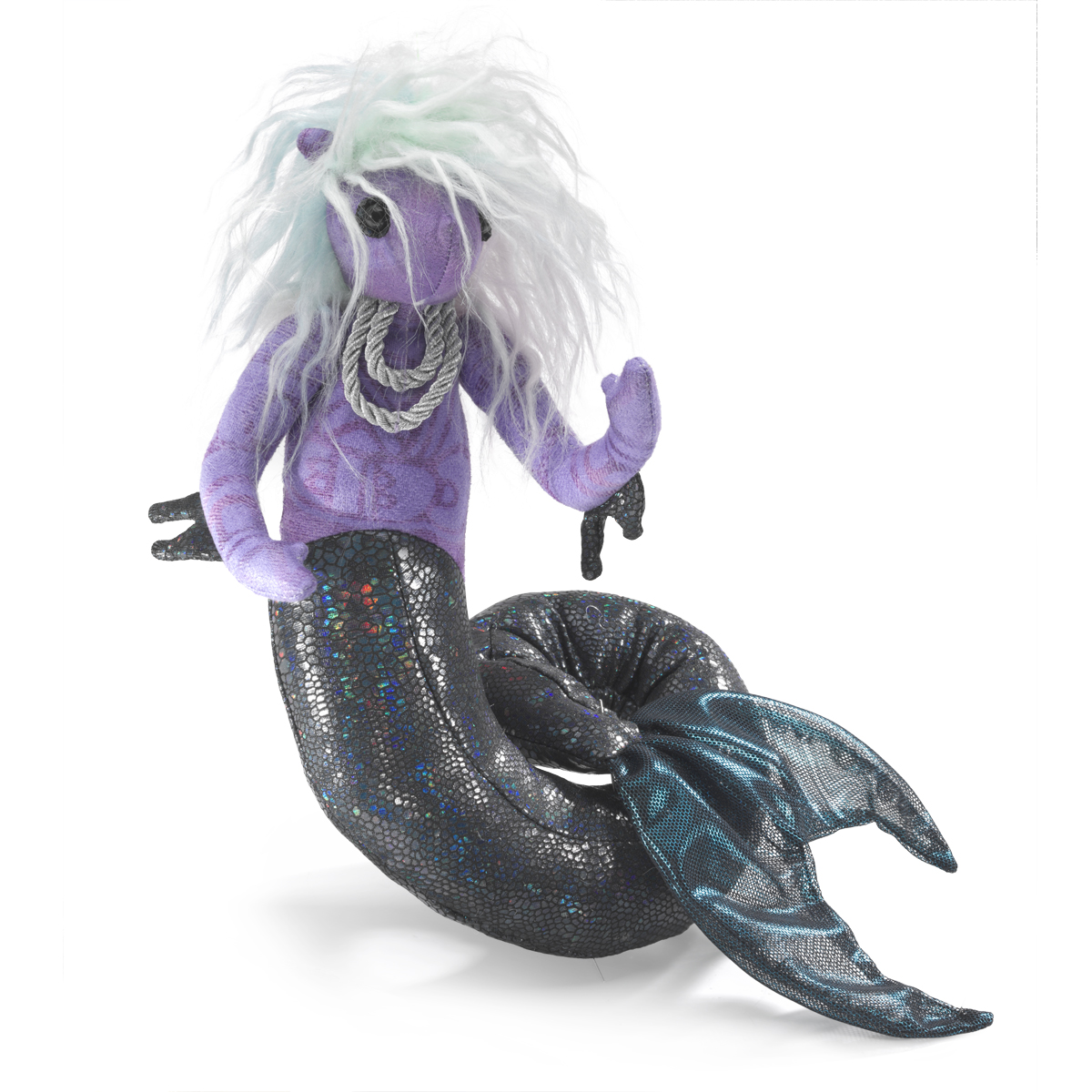 Folkmanis mini sea nymph finger puppet with purple body, white hair, shimmering scaly tail and rope chain in side view