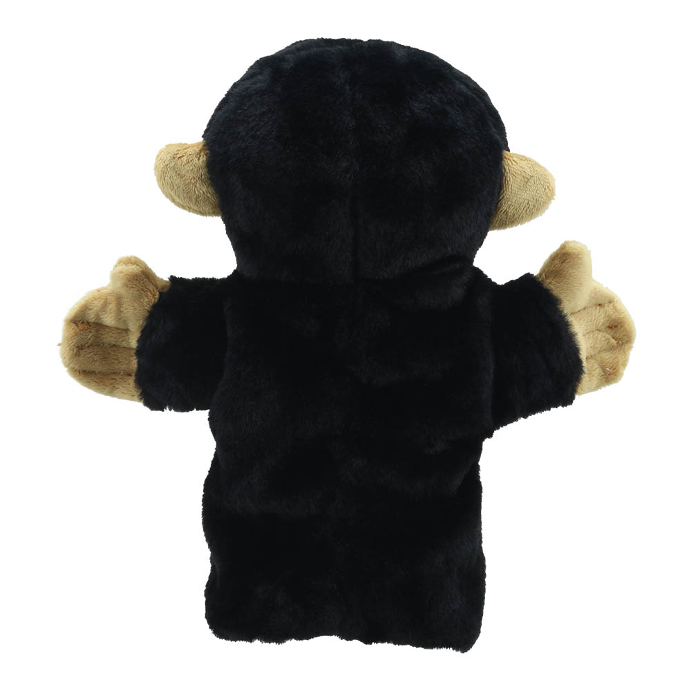 The Puppet Company baby hand puppet chimpanzee, black ape with beige ears, back view