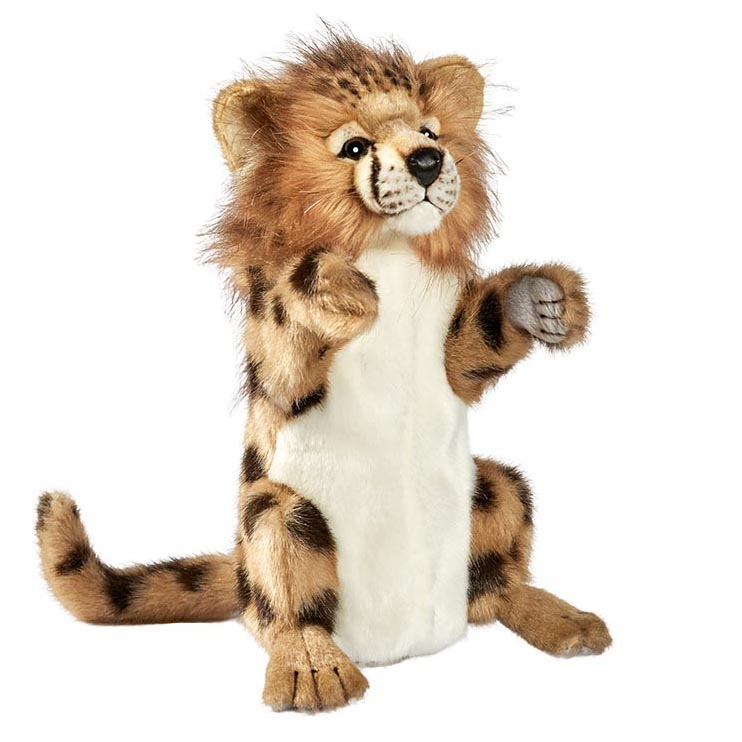 Cheetah hand puppet by Hansa Creation with spotted fur, a light chest and a fluffy cub mane