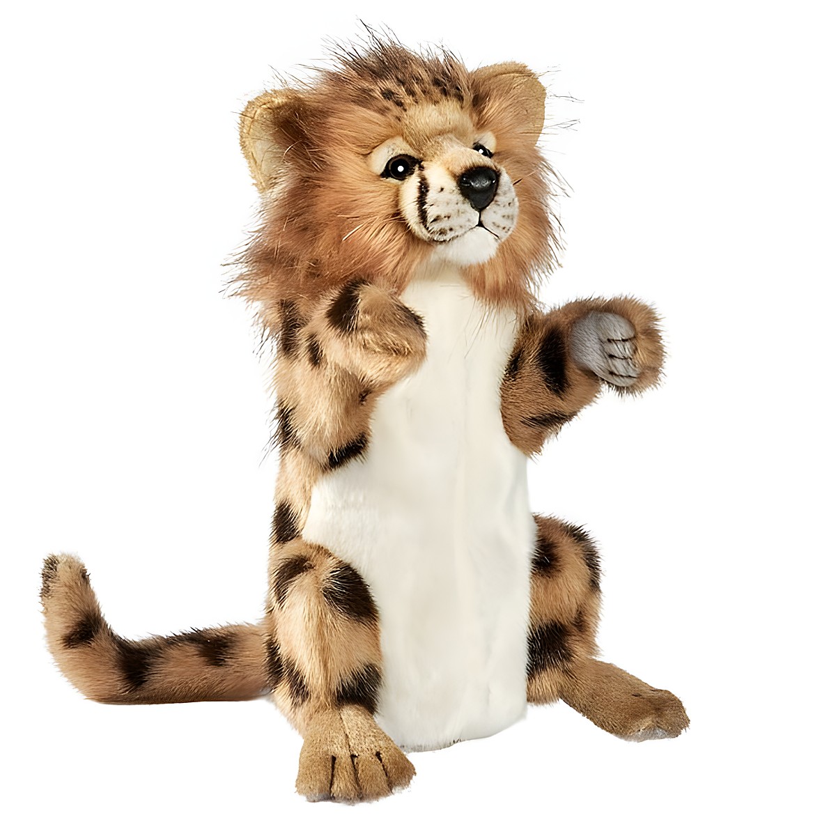 Cheetah hand puppet by Hansa Creation with spotted fur, a light chest and a fluffy cub mane