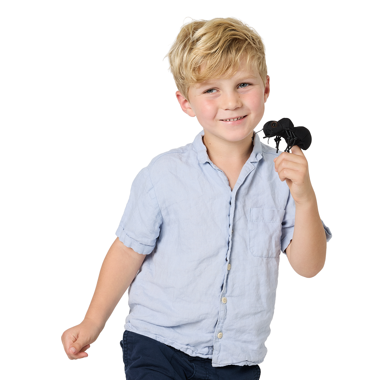 Smiling boy holding the black Folkmanis mini ant finger puppet up, studio shot on a white background