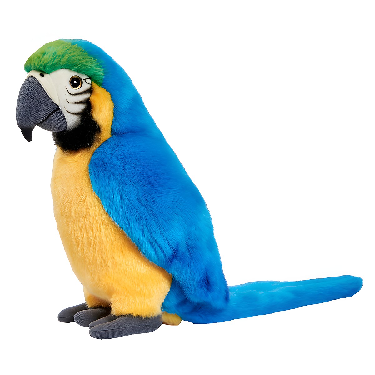 Blue macaw by Anima with yellow chest, green crown and a long blue tail, sitting plush figure
