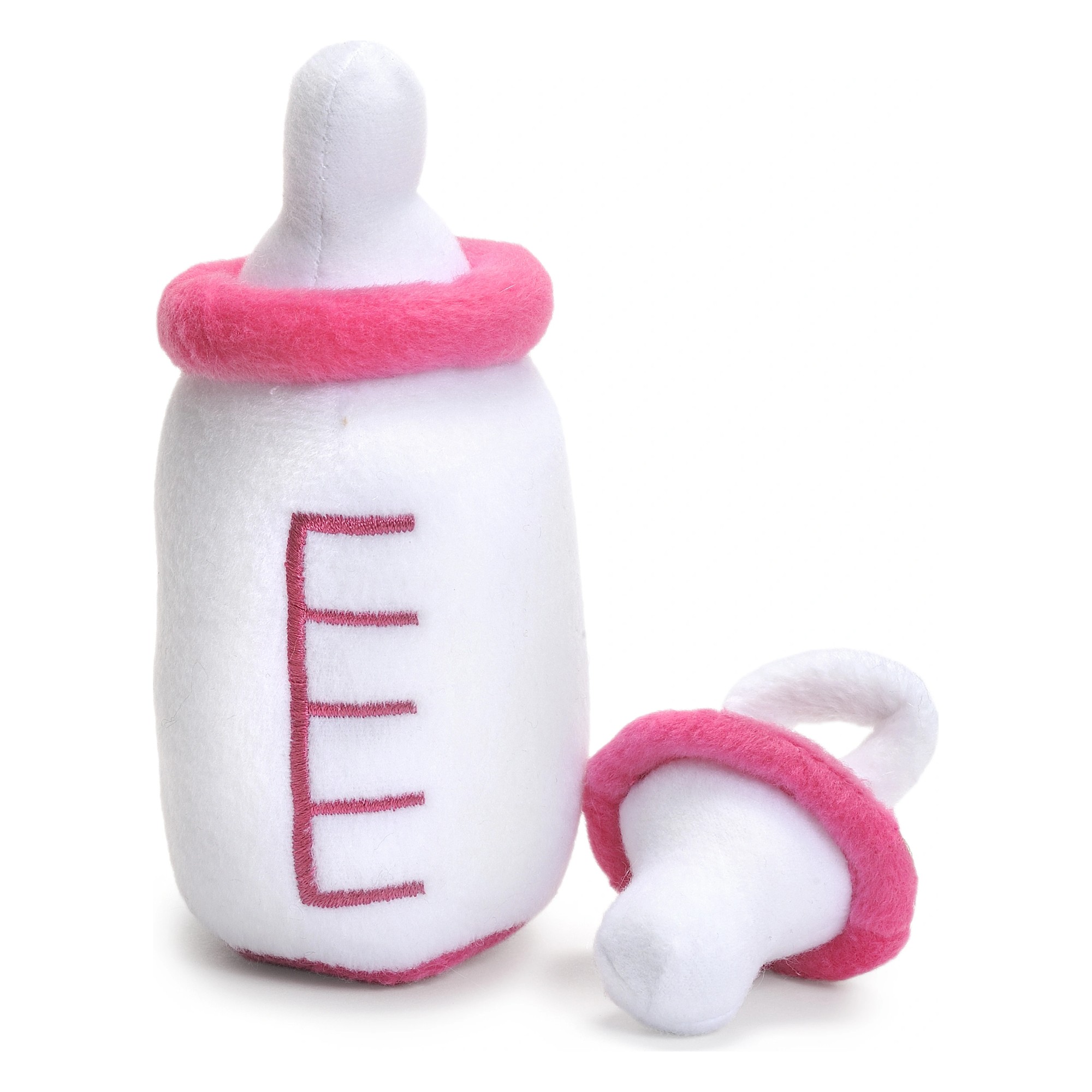 Baby bottle and pacifier in pink by Rubens Barn made of soft plush for dolls