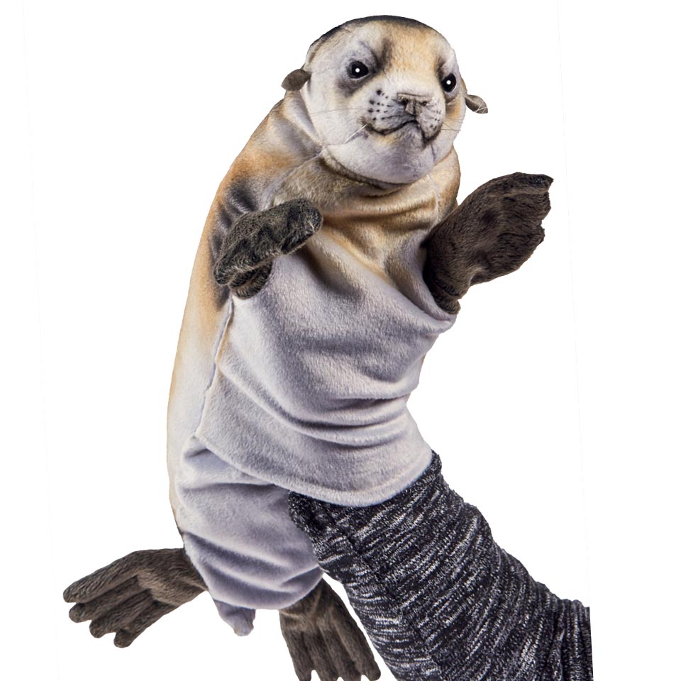 Monk seal hand puppet by Hansa Creation with a silver-grey body and dark flippers
